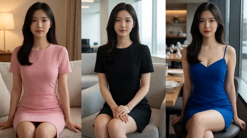 撸撸社主题图:三名虚构成年女性分别穿粉色居家裙、黑色都市裙和蓝色约会裙