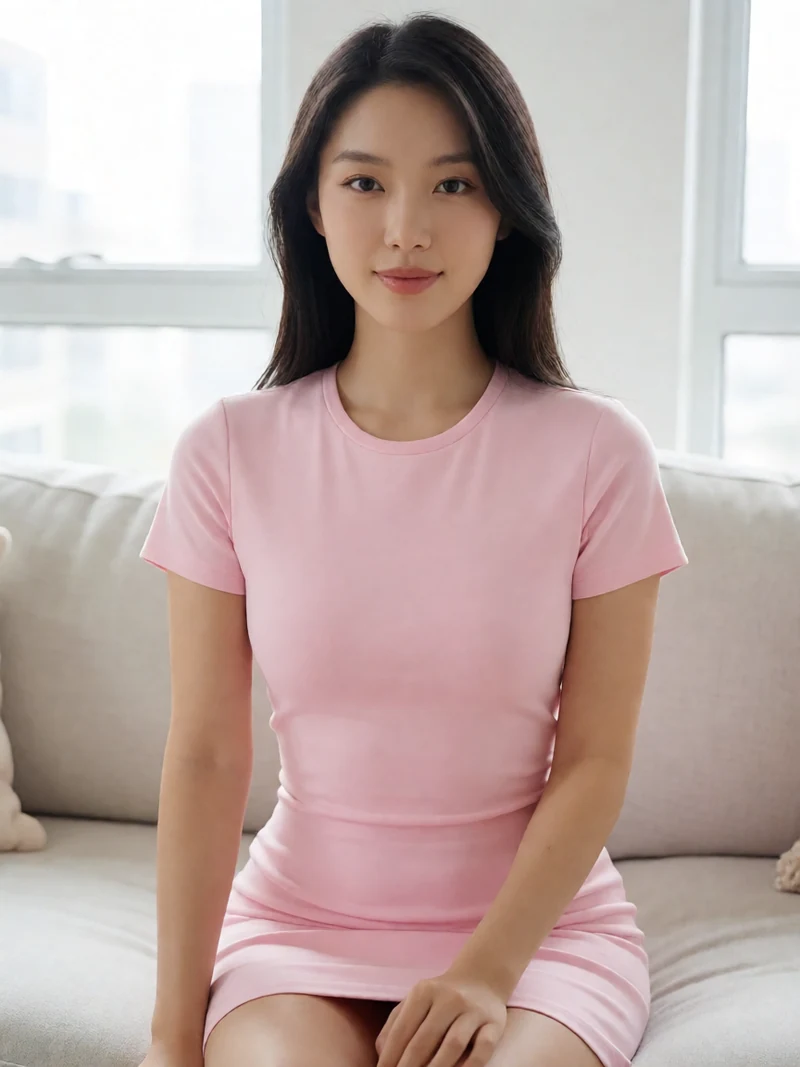 虚构成年女性穿粉色不透明居家短裙坐在沙发中央